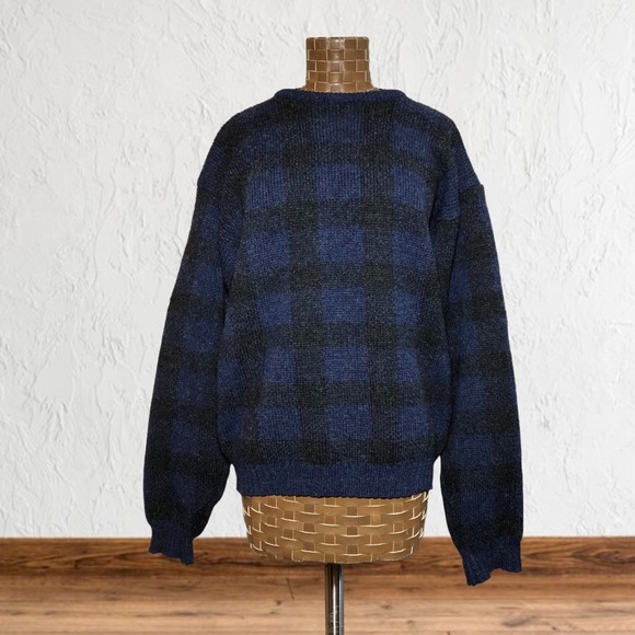 Vintage Britches Blue & Black Buffalo Plaid Wool Sweater - Picture 1 of 12